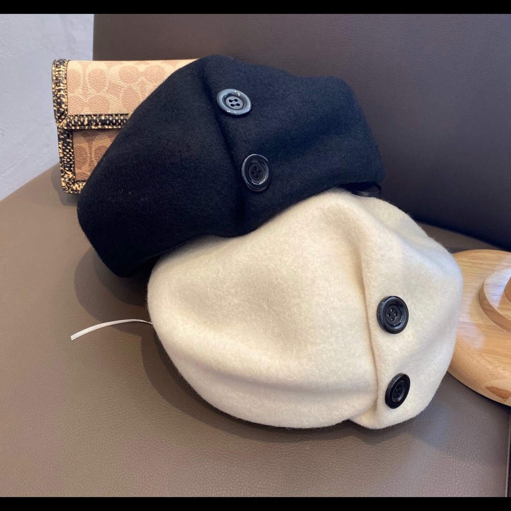 New Cream color beautiful wool blend button beret painters hat - Picture 3 of 8